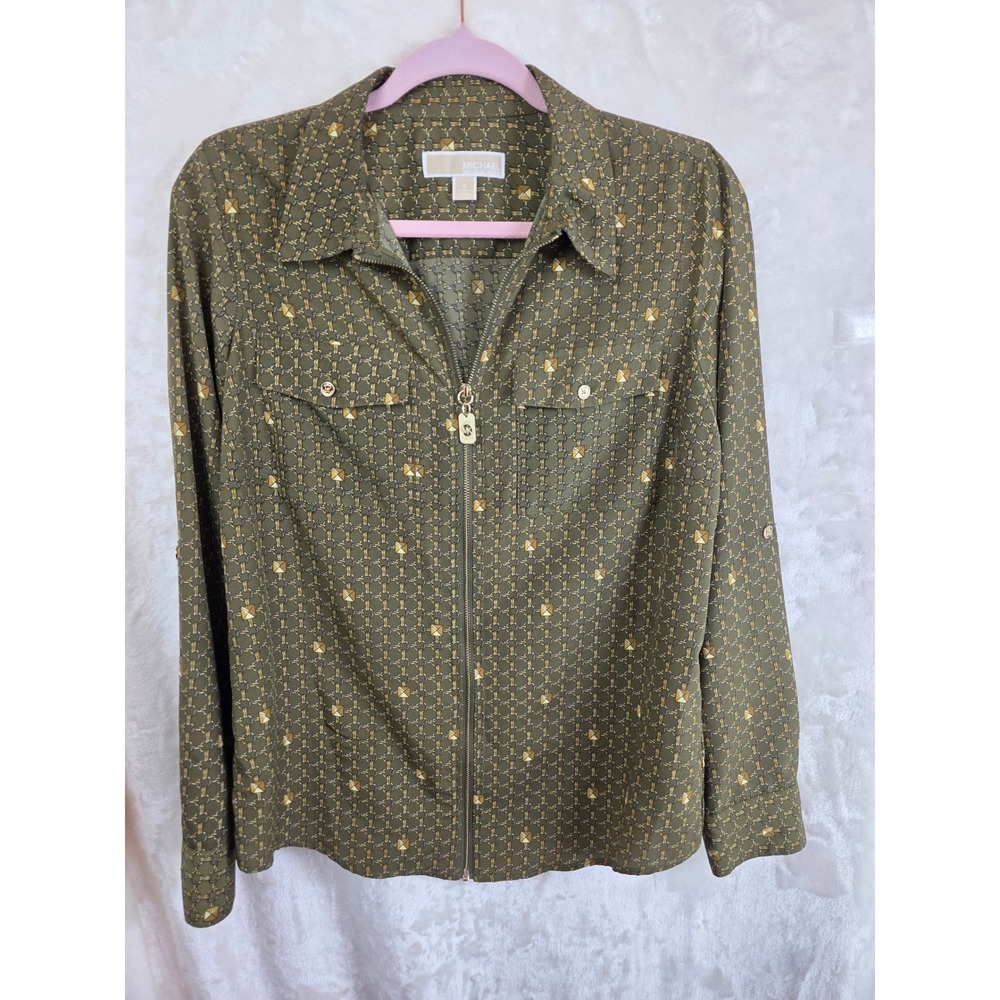 Michael Kors Olive Green Chain Stud Print Zip Front Blouse SF54H6930K Mens 8